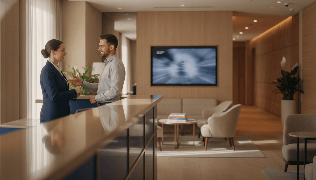 Front desk agent welcoming a guest in a hotel lobby with a wall-mounted commercial TV